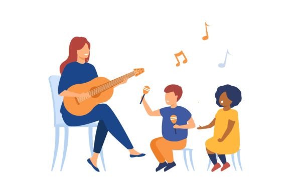Kindergarten Teacher Playing Guitar for Education