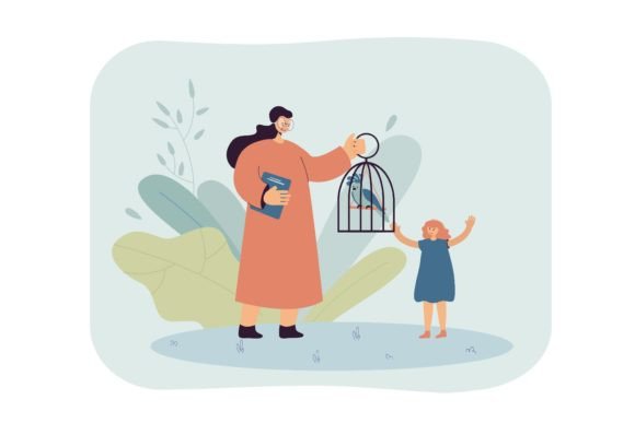 Teacher Showing Parrot in Cage to Pupil: A Visual Guide